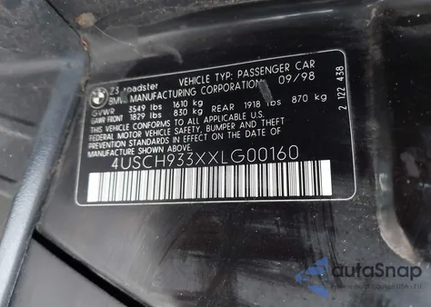 1999 BMW Z3 2.3 из США, поврежденный, VIN 4USCH933XXLG00160